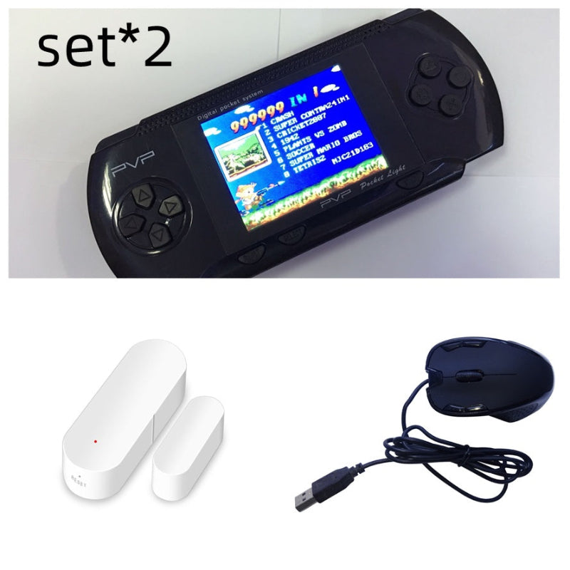 Handheld gaming console with screen displaying game, white controller, and black mouse on a white background.