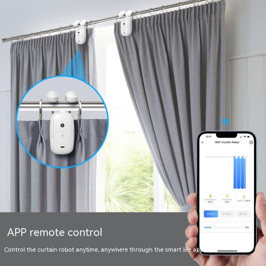 Smart curtain system with app control on a smartphone, shown with curtains and a window.