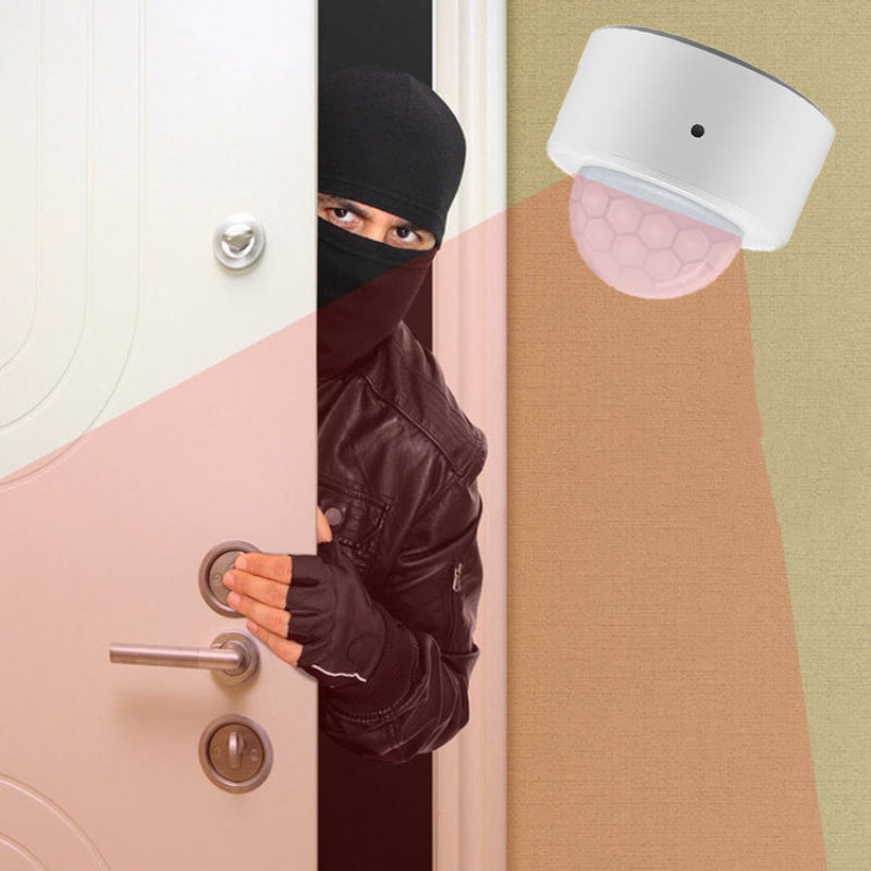 Person wearing a black mask and leather jacket peeking from behind a door with a security camera above.