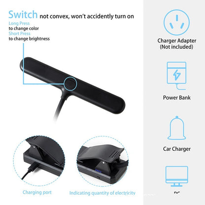 Black electronic device with charging port and power bank, car charger, and PC connection options on a white background.