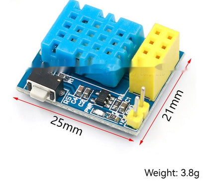 Electronic temperature sensor module with blue casing and yellow connectors, showing dimensions and weight.