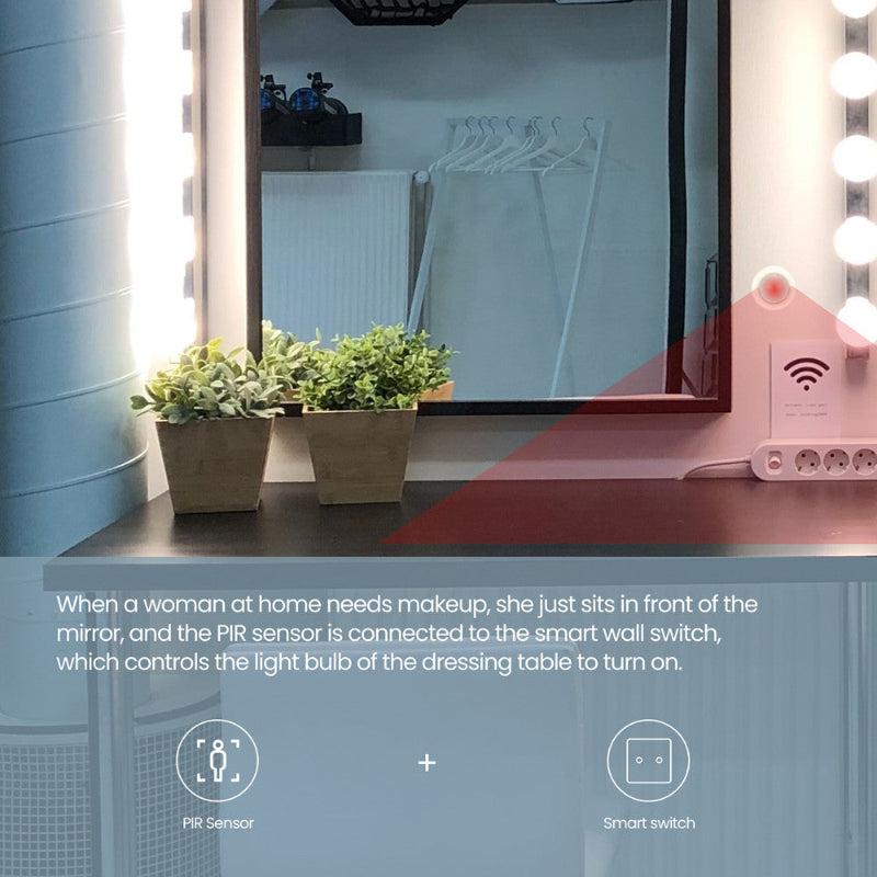 Dressing table with mirror, plants, and smart switch control system.