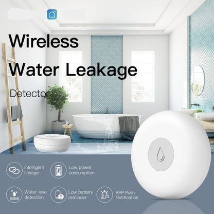 Wireless water leakage detector with a bathroom background