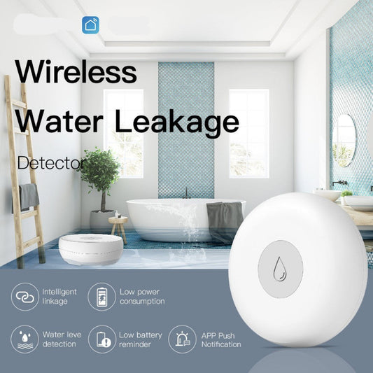 Wireless water leakage detector with a bathroom background