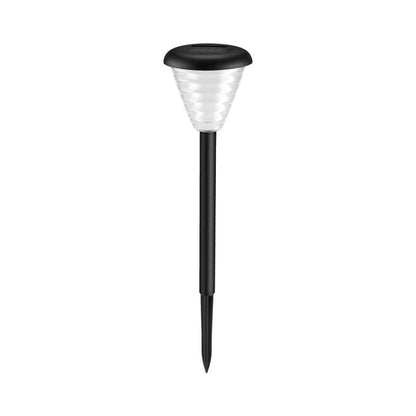 Solar-powered garden light with black base and clear cover on a white background