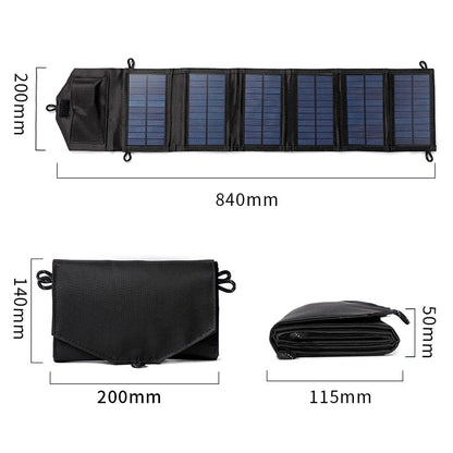 Foldable solar panel with dimensions indicated on a white background